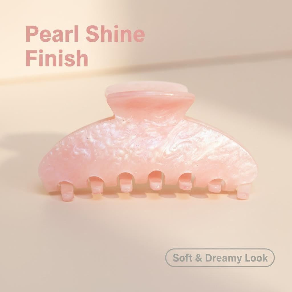 Pink pearlescent claw clip with text 'Pearl Shine Finish' and 'Soft & Dreamy Look'