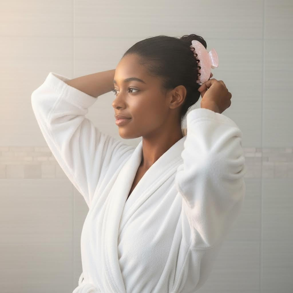 Woman in a white bathrobe using a pink claw clip to style her hair