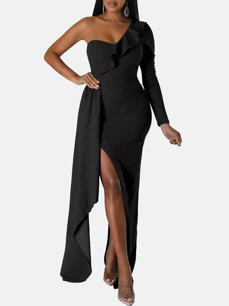 One shoulder formal dress with sparkle embellishment - View 12 | Lwiis