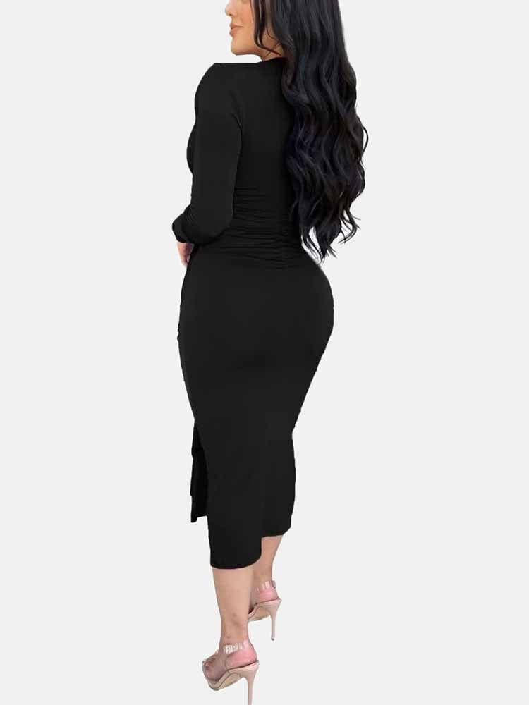 V Neck Tie Front Ruched Dress - View 12 | Lwiis