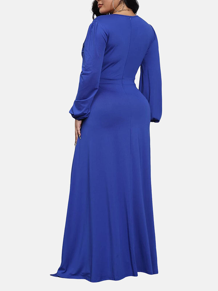 Elegant Maxi Dress with High Split and Embellished Waist - View 14 | Lwiis