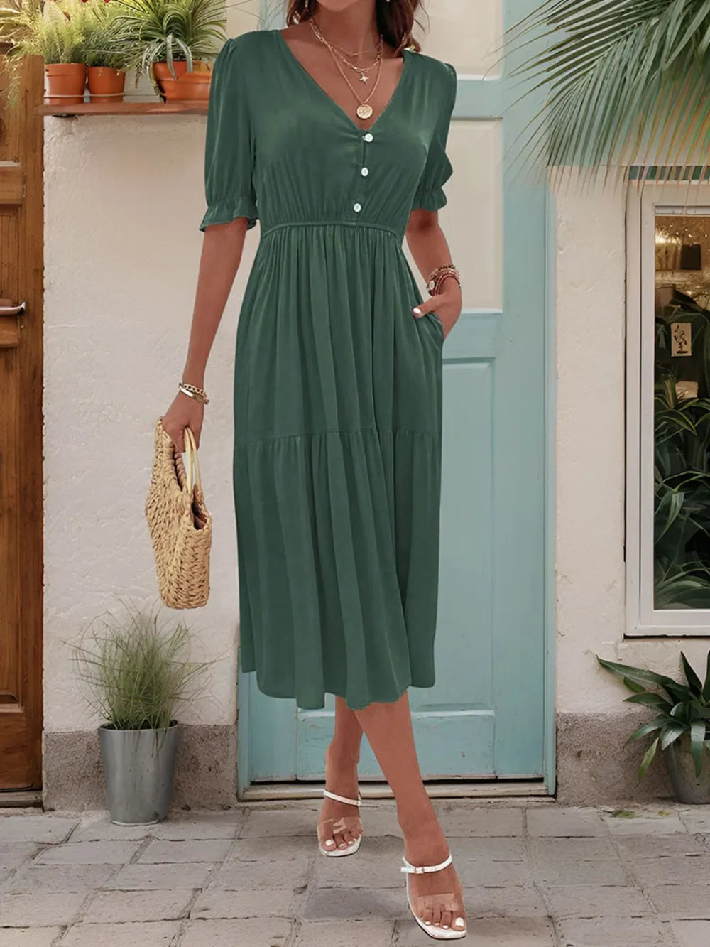 V-neck midi dress with puff sleeves - View 12 | Lwiis