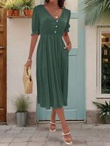 V-neck midi dress with puff sleeves - View 12 | Lwiis