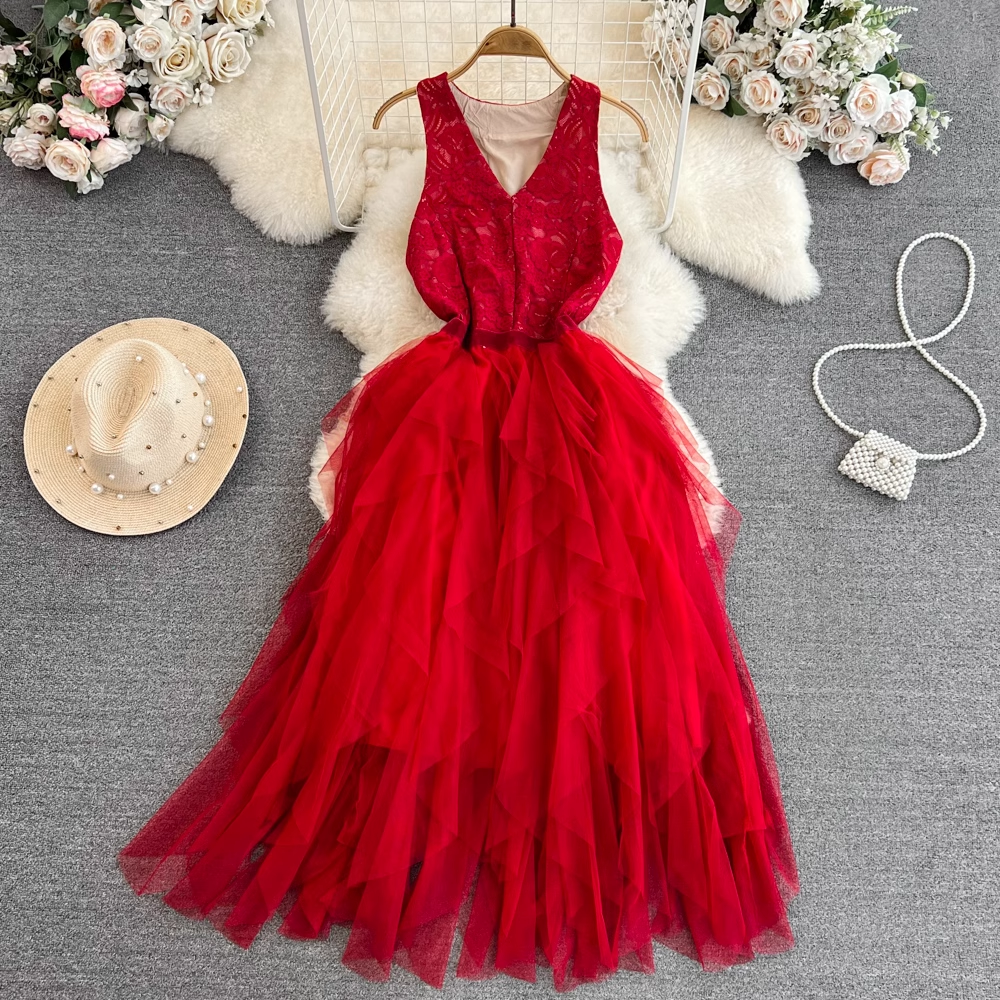 Red tiered tulle dress with lace bodice