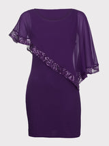 Purple dress with asymmetrical sequined cape overlay, shown on a mannequin