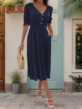 V-neck midi dress with puff sleeves - View 9 | Lwiis
