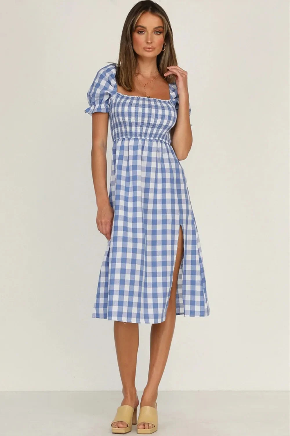 Plaid Midi Dress with Puff Sleeves - View 14 | Lwiis