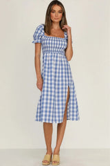 Plaid Midi Dress with Puff Sleeves - View 14 | Lwiis