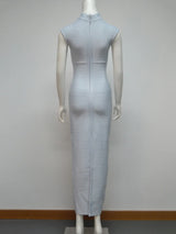 High neck knit maxi dress with ribbed texture - View 6 | Lwiis