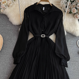 Pleated A-line maxi dress with belted waist and collared neckline - View 10 | Lwiis