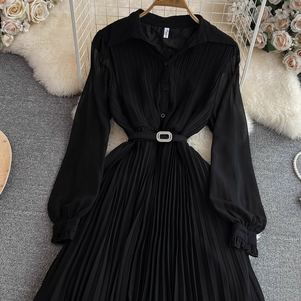 Pleated A-line maxi dress with belted waist and collared neckline - View 10 | Lwiis
