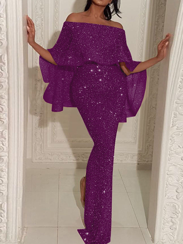 Woman wearing a purple glitter off-the-shoulder maxi dress with cape sleeves