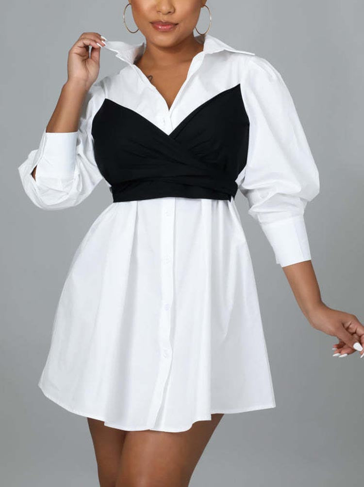 Patchwork Lace Up Shirt Dress - View 6 | Lwiis