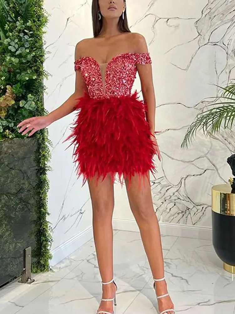 Feather Sequin Off Shoulder Mini Dress - View 7 | Lwiis