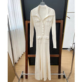 Ribbed knit maxi dress with long sleeves and collared V-neck - View 7 | Lwiis