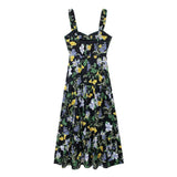 Back view of a black floral print midi dress