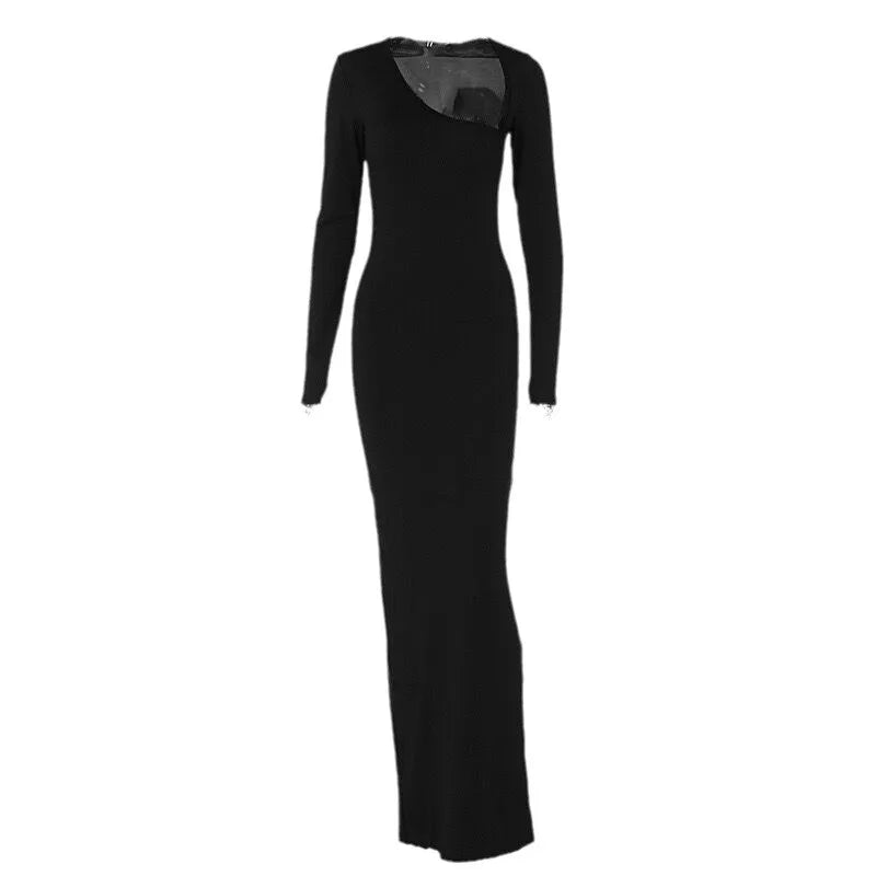 A black long-sleeved maxi dress with an asymmetrical neckline and a high slit, displayed flat.