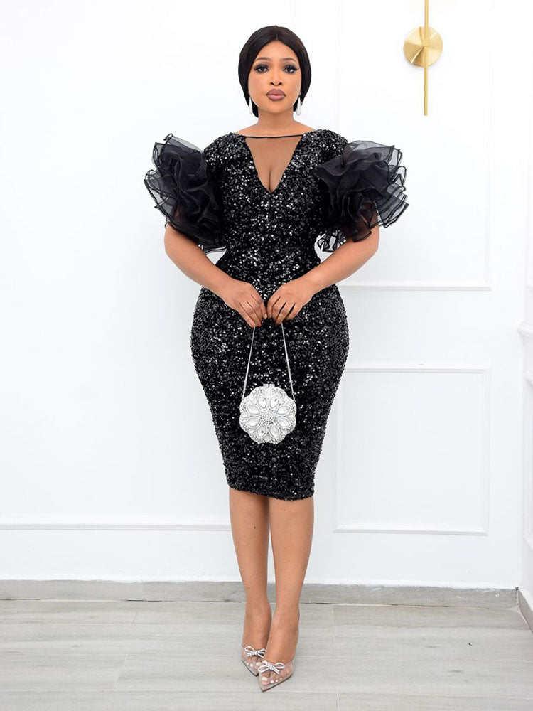 Sequin V-Neck Puff Sleeve Party Dress - View 7 | Lwiis