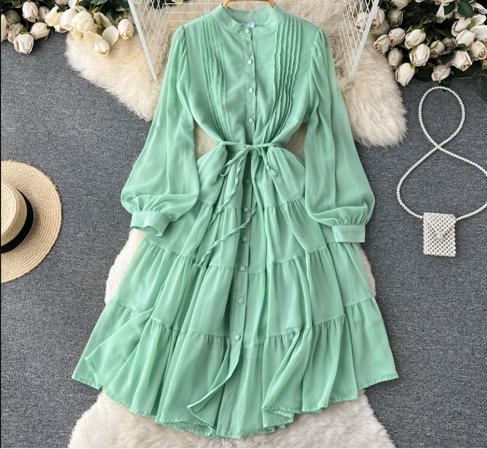 Mint green chiffon tiered midi dress with puffed sleeves and self-tie belt