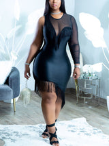 Full body shot of a woman wearing a black asymmetrical fringe dress with mesh detailing.
