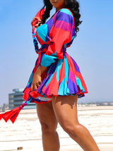 Tie dye V neck mini dress with belt - View 15 | Lwiis