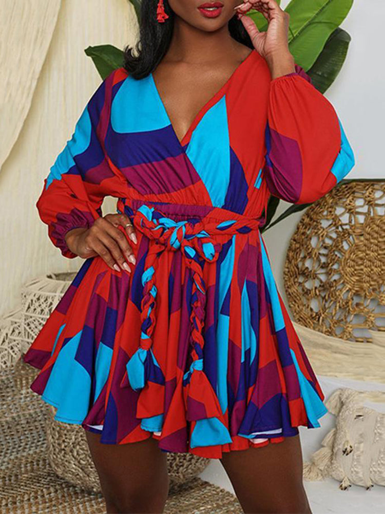 Tie dye V neck mini dress with belt - View 16 | Lwiis