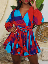 Tie dye V neck mini dress with belt - View 16 | Lwiis