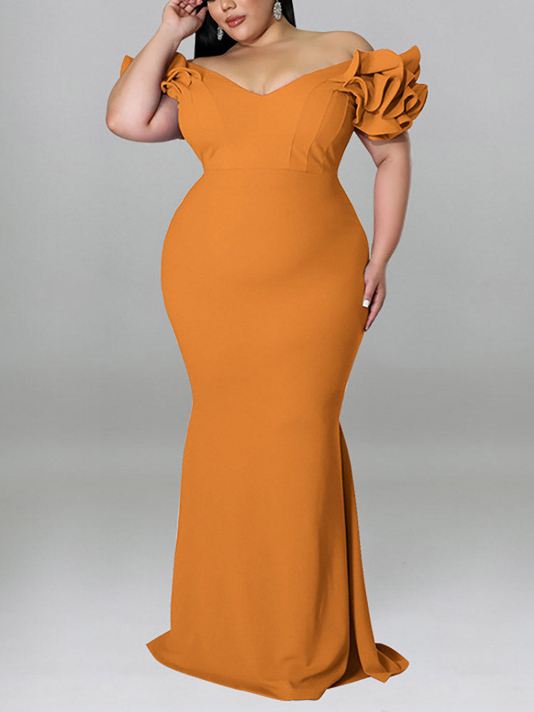 Front view of a plus-size model in an orange formal dress with ruffled shoulders.