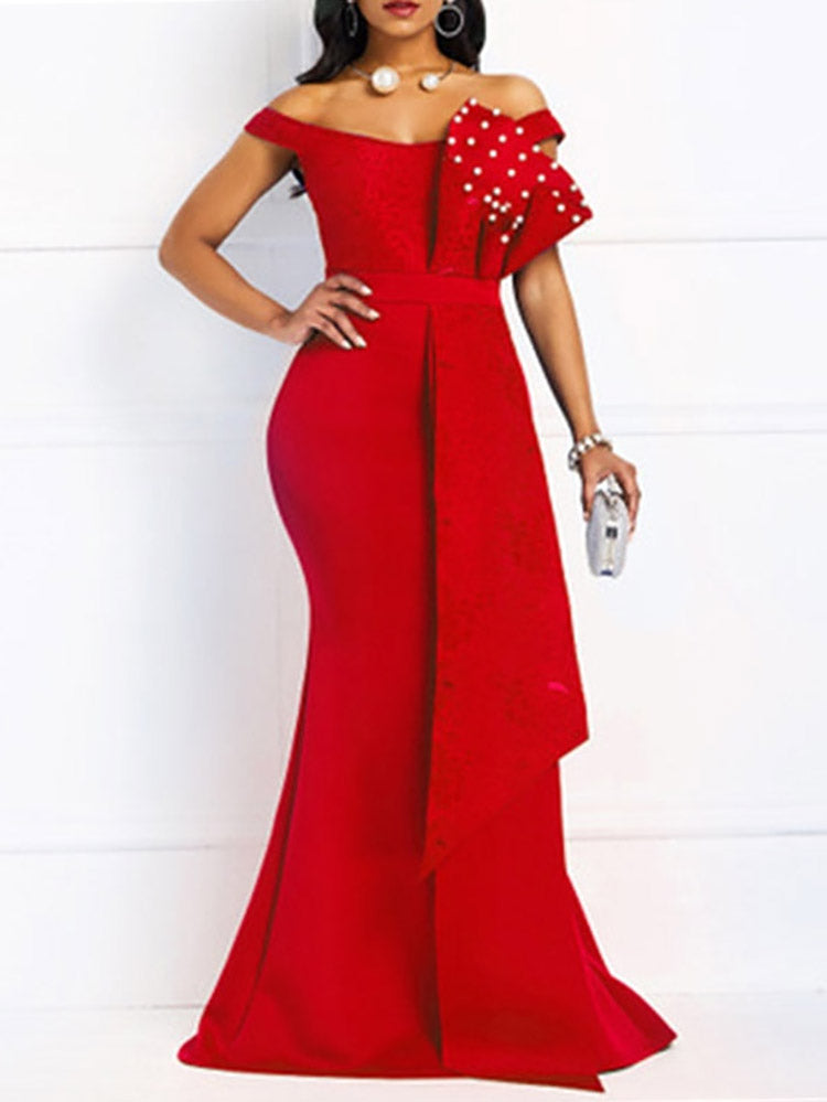 Mermaid formal maxi dress with off-the-shoulder neckline and satin fabric - View 9 | Lwiis