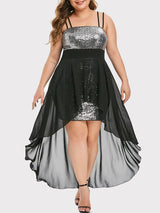 Front view of a plus-size model wearing a black and silver sequined high-low dress with a chiffon overlay.