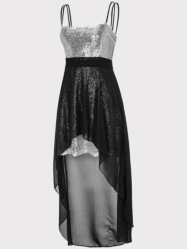 Front view of a black and silver sequined high-low dress with a chiffon overlay.