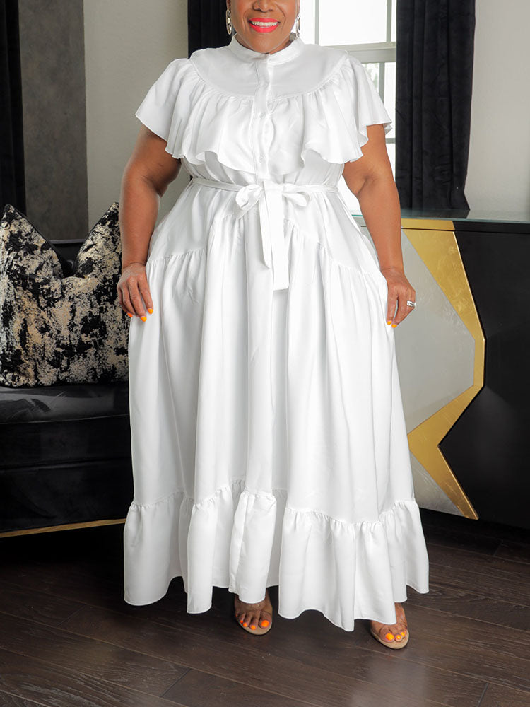 Plus size ruffled maxi dress with belt - View 8 | Lwiis