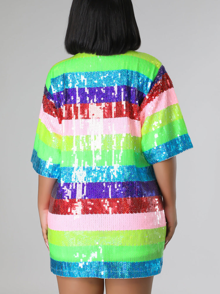 Back view of the sequined t-shirt dress.