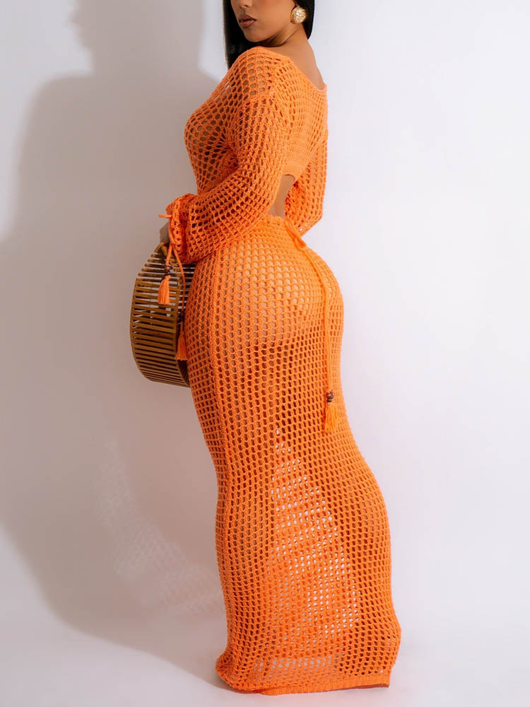Crochet maxi dress with V-neckline and tassel accents - View 8 | Lwiis