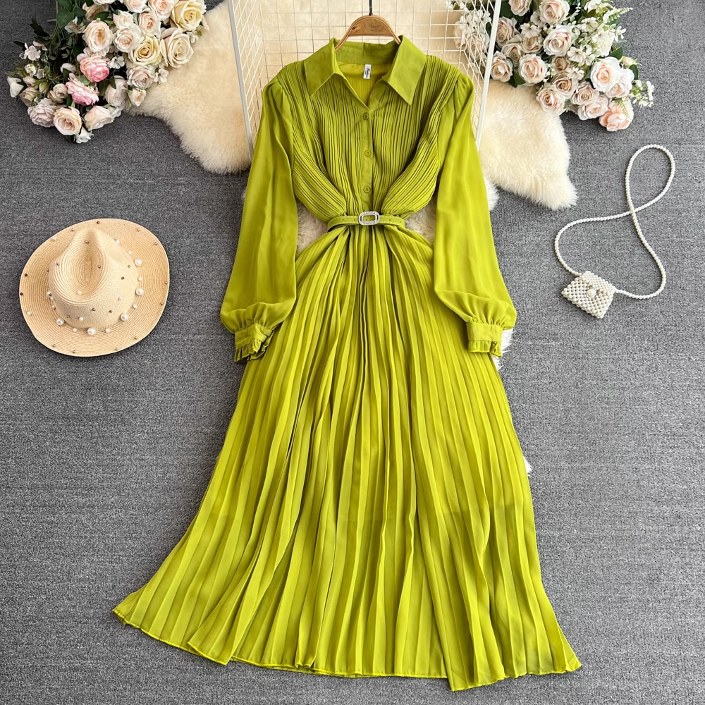 Pleated A-line maxi dress with belted waist and collared neckline - View 15 | Lwiis