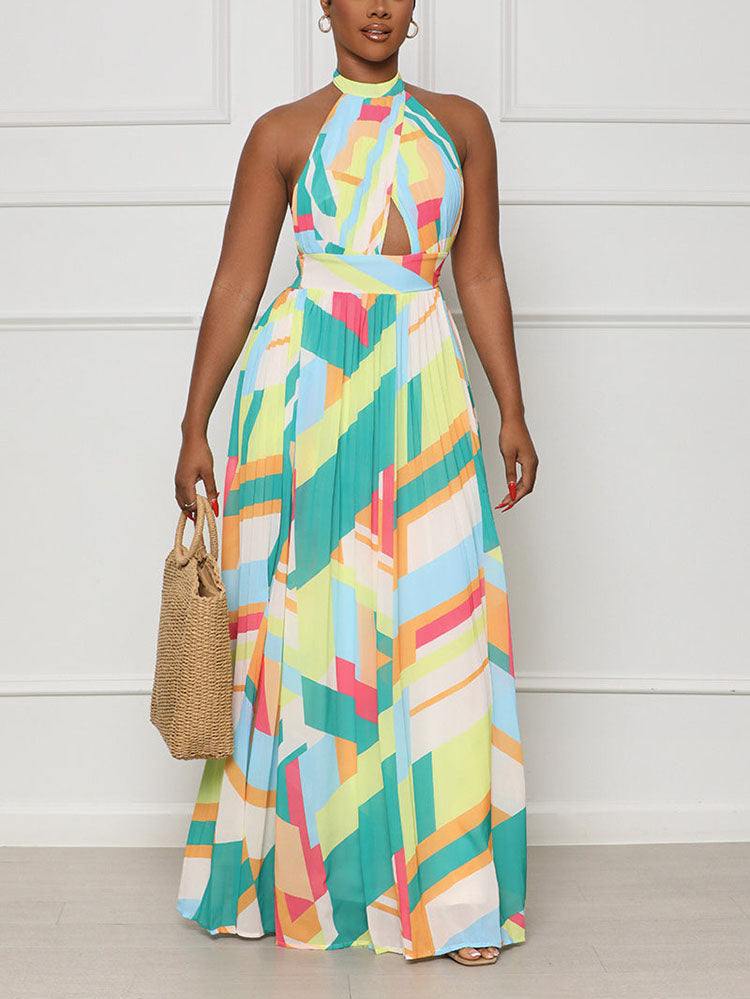woman in a halter neck maxi dress with a cutout