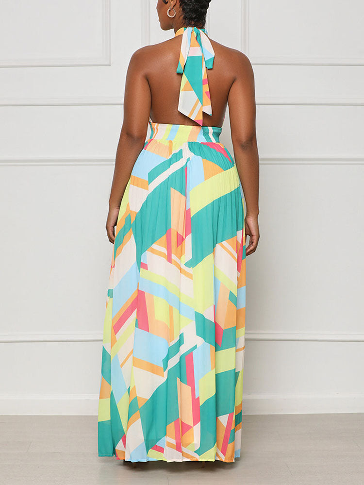 back view of a woman in a halter neck maxi dress