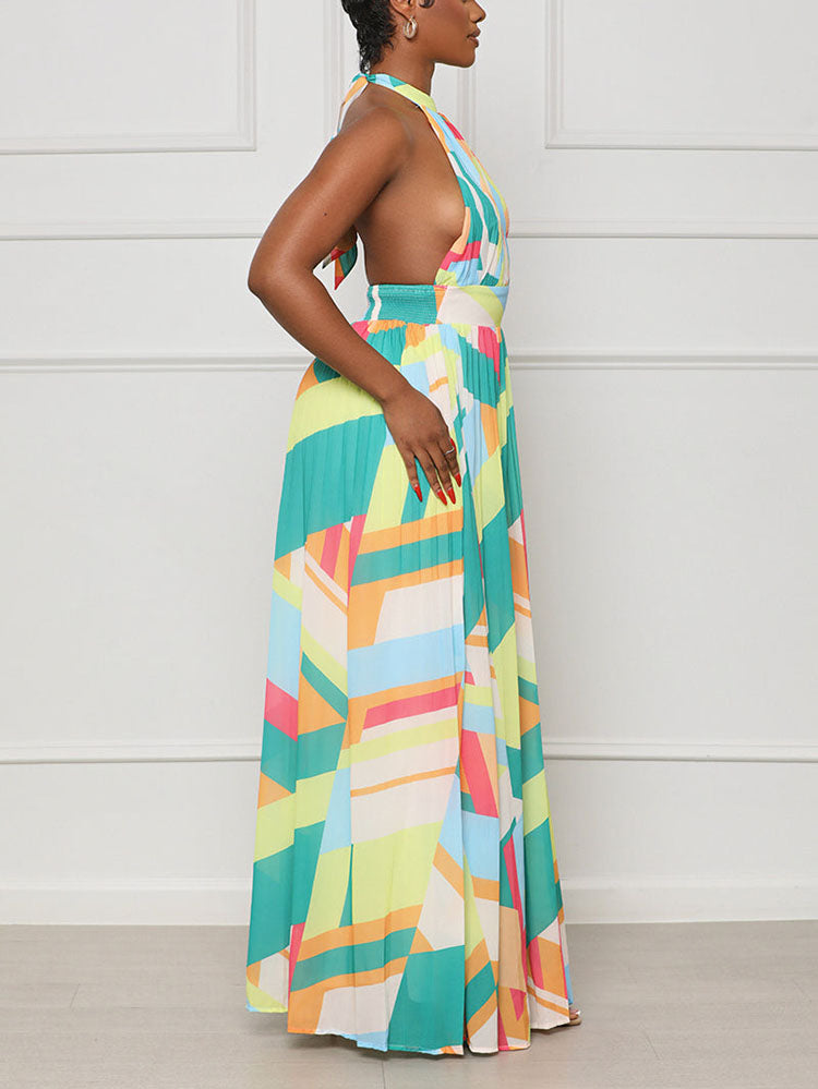 side view of a woman in a halter neck maxi dress