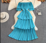 Blue tiered off-the-shoulder pleated dress