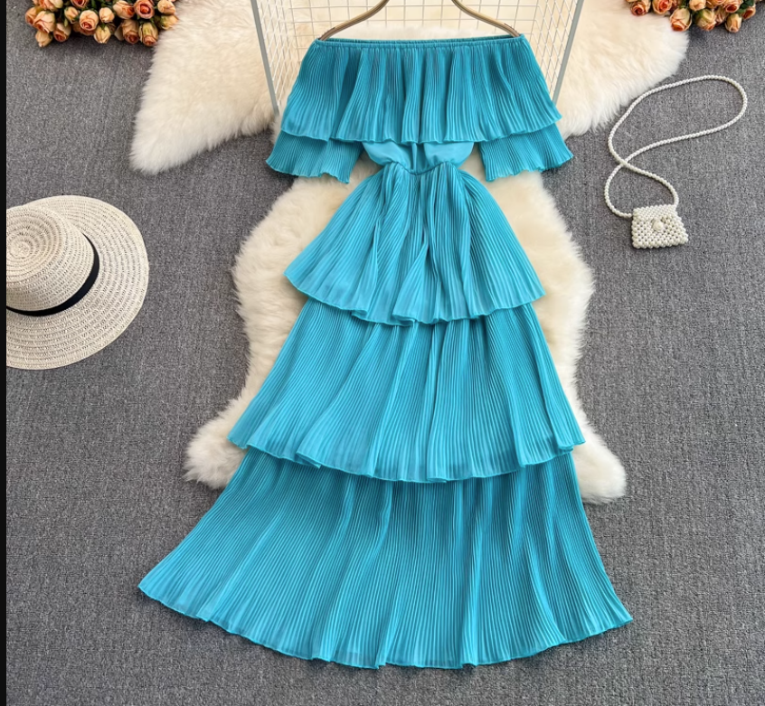 Blue tiered off-the-shoulder pleated dress