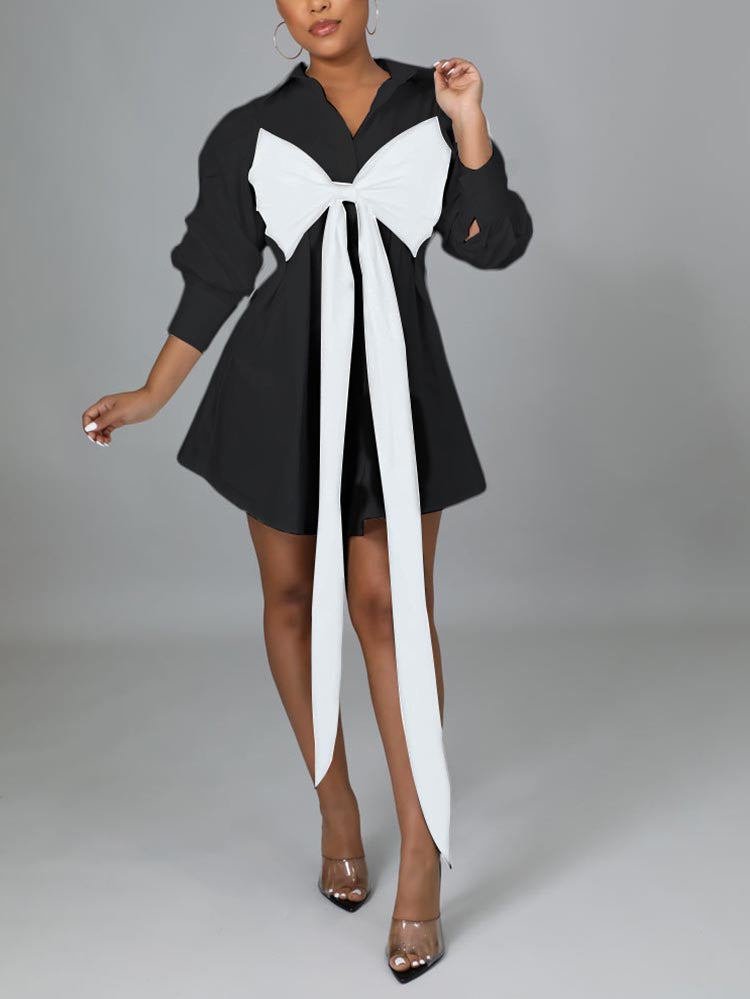 Patchwork Lace Up Shirt Dress - View 9 | Lwiis