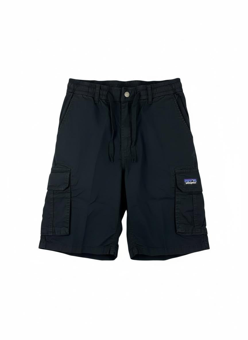 Black cargo shorts with elastic waistband and drawstring
