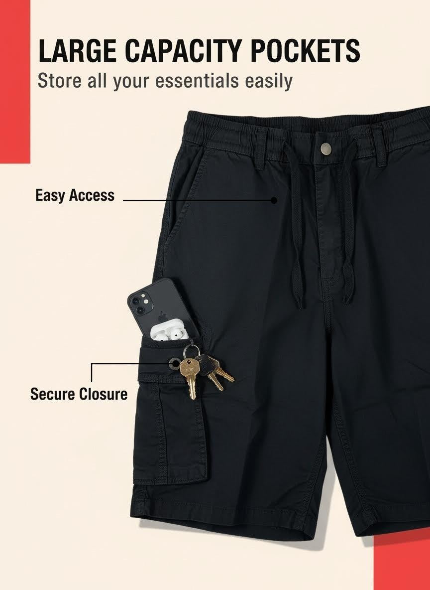 Close-up of cargo shorts showing large capacity pockets, easy access, and secure closure