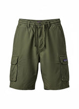 Olive green cargo shorts with elastic waistband and drawstring