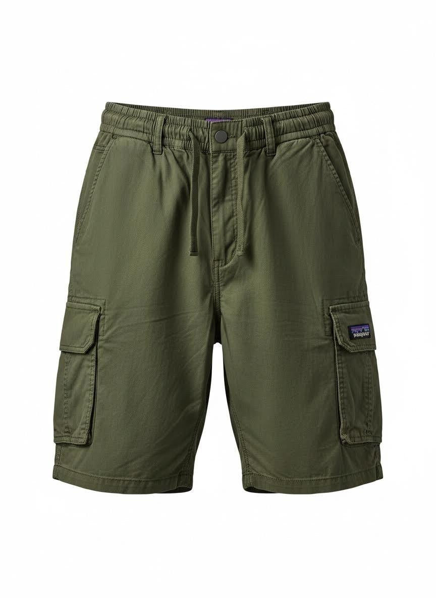 Olive green cargo shorts with elastic waistband and drawstring