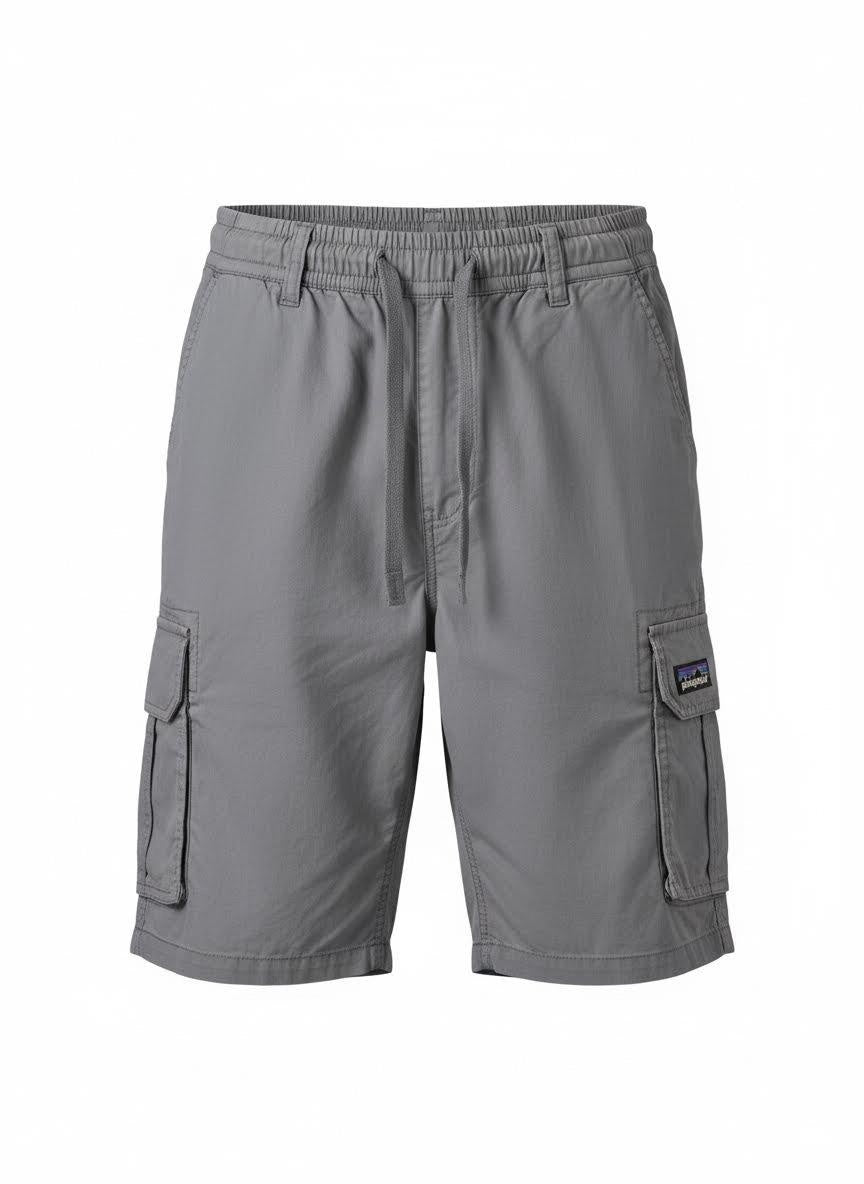 Grey cargo shorts with elastic waistband and drawstring