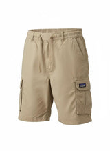 Khaki cargo shorts with elastic waistband and drawstring