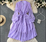 Purple chiffon tiered midi dress with puffed sleeves and self-tie belt