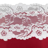 close-up of white lace trim on a red dress