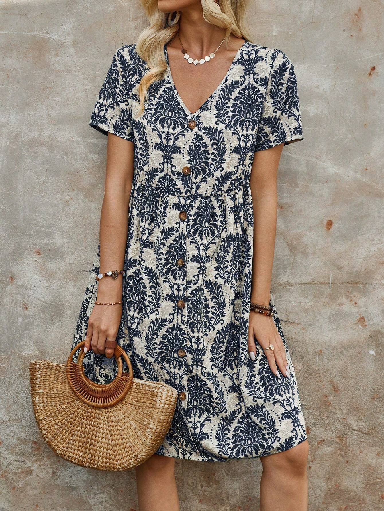 Printed V-Neck Midi Dress - View 9 | Lwiis